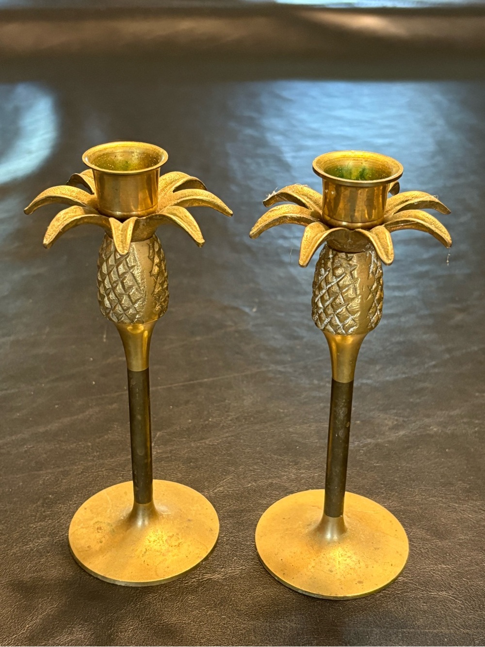 Vintage Solid Brass Pineapple Candlestick Holders Pair 7” Hollywood Regency